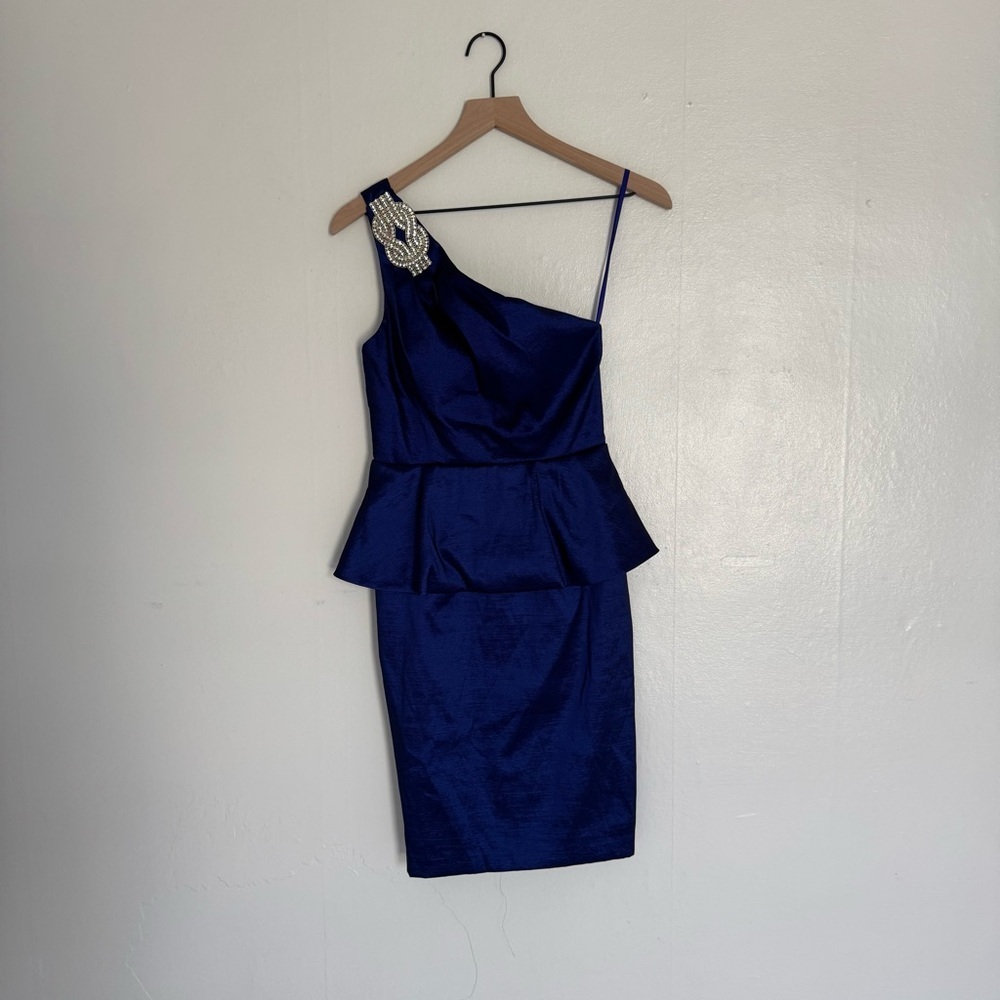 Xscape Blue One Shoulder Peplum Cocktail Dress